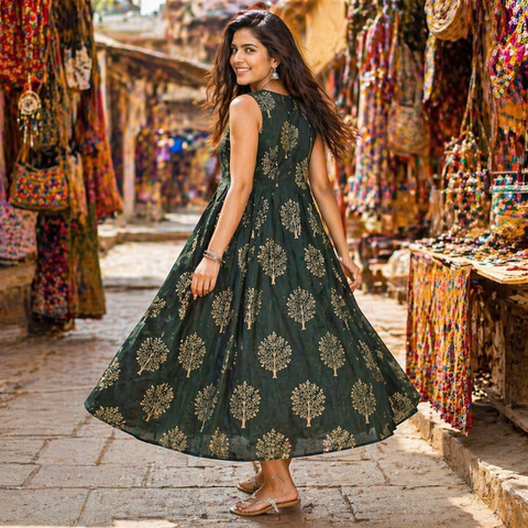 Forest Green Sleeveless Flared Kurti โ Gold Motif A-Line Cotton Ethnic Dress