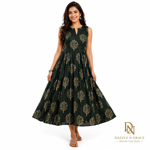 Forest Green Sleeveless Flared Kurti โ Gold Motif A-Line Cotton Ethnic Dress