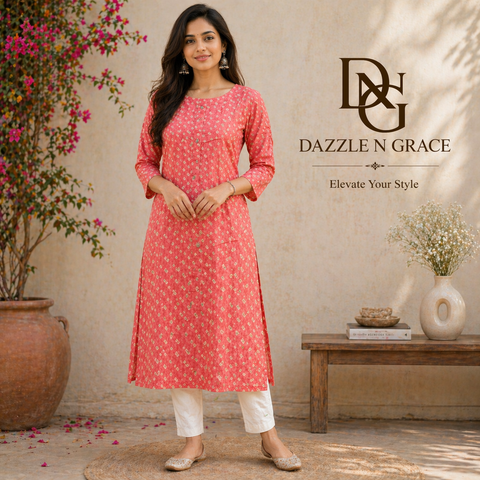 Coral Pink Floral Block Print Cotton Straight Kurta | Casual Daily Ethnic Wear for Women