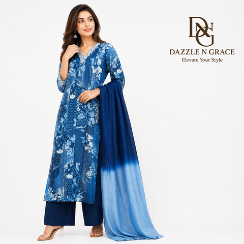 Indigo Blue Ethnic Printed Salwar Suit with Dupatta | Casual Festive Ethnic Wear for Women