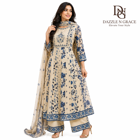 White & Blue Floral Block Print Anarkali Suit Set with Embroidered Neckline & Dupatta | Festive Ethnic Wear