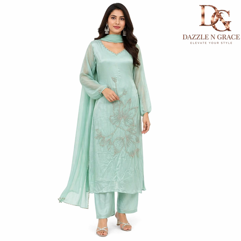 Mint Green Floral Embroidered Straight Kurta with Silver Beadwork Neckline | Festive Ethnic Wear
