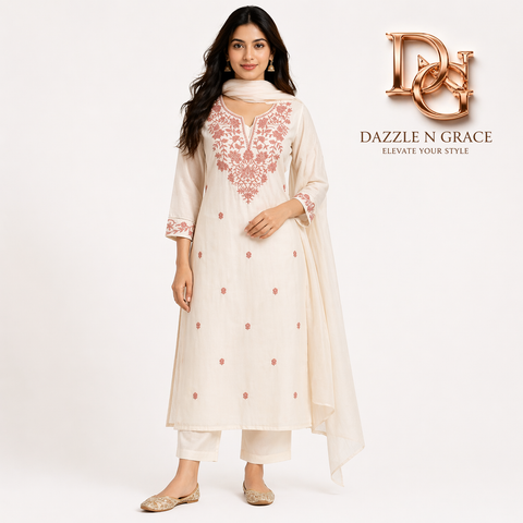 Aesha White Cotton Kurta Set with Maroon Hand Embroidery & Pant | Casual Ethnic Wear