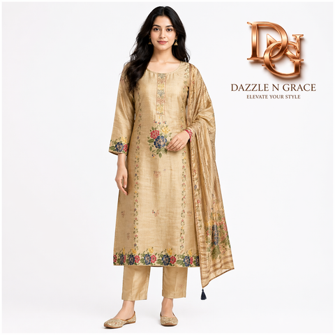 Antique Gold Multi-Floral Sequin 3-Piece Suit Set | Kurta, Satin Pants & Tassel Dupatta | Wedding Wear