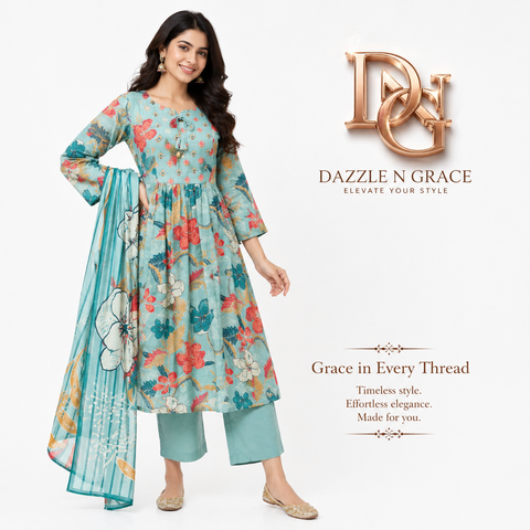 Teal Floral Printed Cotton Kurti Set with Straight Pants & Dupatta | Casual Festive Ethnic Wear
