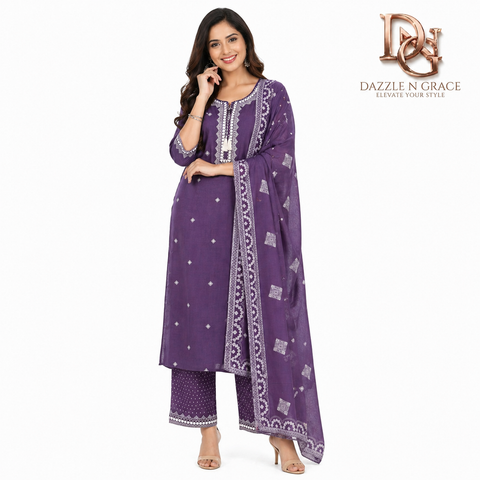 Aesha Purple Cotton Kurta Set with White Thread Embroidery & Pant | Festive Ethnic Wear
