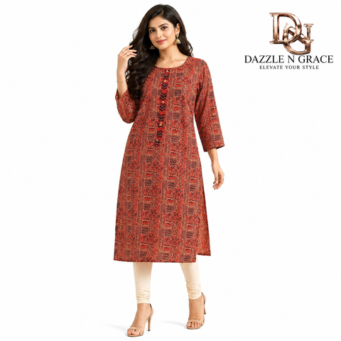 Terracotta Ajrakh-Geometry Kurta with Chevron Placket