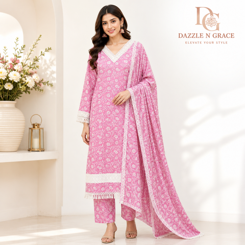 Blush Pink Floral Lace Trim Kurta with Eyelet Neckline & Crochet Fringe | Casual Ethnic Wear