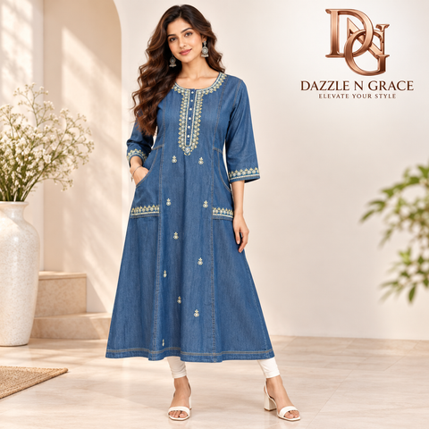 Womenโs Premium Denim Embroidered Kurti โ 4 Designs