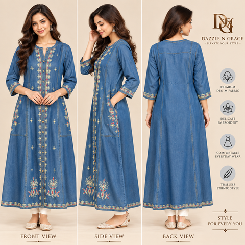 Womenโs Premium Denim Embroidered Kurti โ 4 Designs