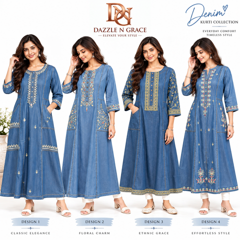 Women’s Premium Denim Embroidered Kurti – 4 Designs