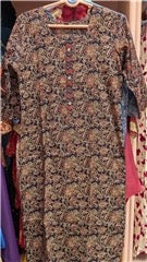 Indigo Floral Jaal Kurta with Contrast Chevron Placket | Beige Rust Highlights Straight Calf Length | Everyday Festive