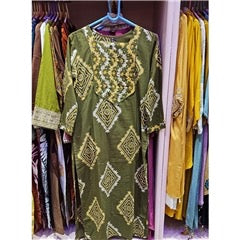 Olive Aura Geometric Tie-Dye Print Salwar Suit with Floral Embroidered Neckline & Dupatta | Festive Ethnic Wear