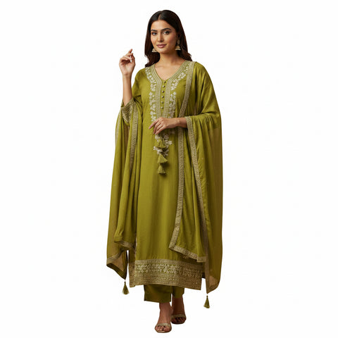 Olive Green Embroidered Salwar Suit with Dupatta