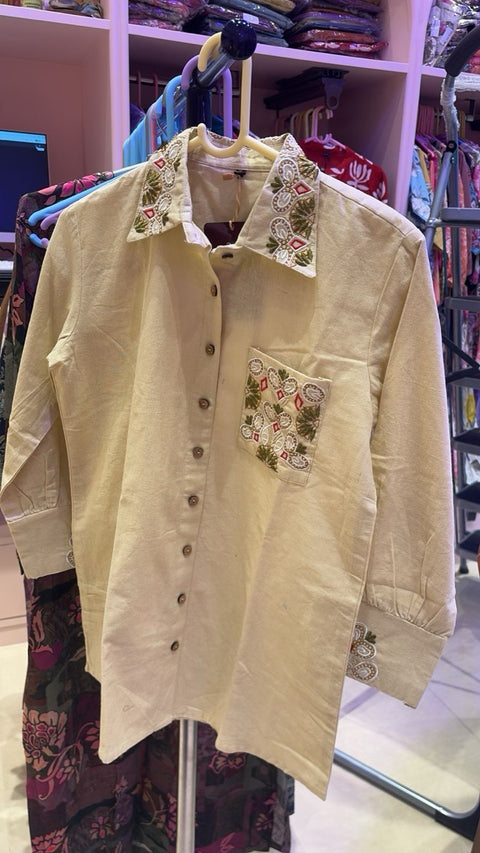 Aesha Beige Embroidered Shirt Kurti with Matching Pants
