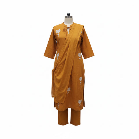Rust Orange Floral Motif Salwar Suit with Embellished V-Neck & Dupatta | Casual Festive Ethnic Wear