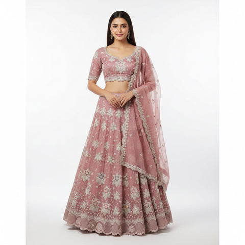 Dusty Rose Floral Embroidered Ghaghra Choli Set | Zari Sequin Cut-Work | Bridal Wear