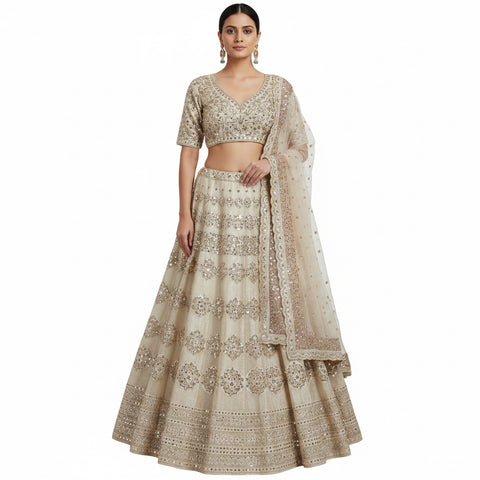 Champagne Beige Embroidered Ghaghara Choli | Mirror Sequin Zari | 3-Piece Bridal Set