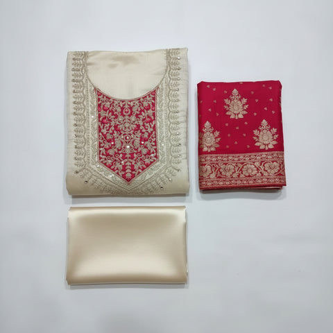 Cream & Rani Pink Embroidered Silk Blend Dress Material | Zari Resham Mirror Cutdana | 3-Piece Unstitched