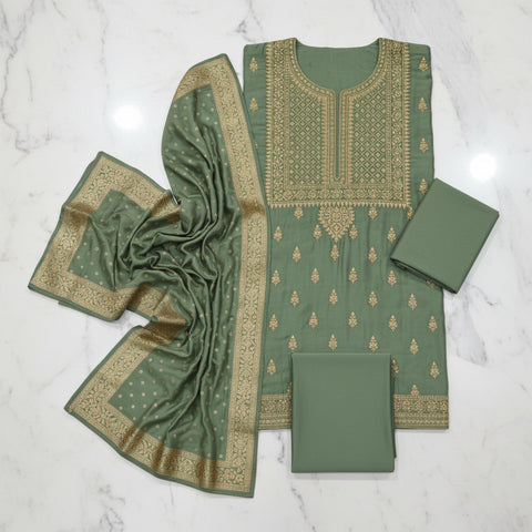 Pastel Green Embroidered Cotton Silk Dress Material | Zari Stone Thread Woven Dupatta | 3-Piece Unstitched