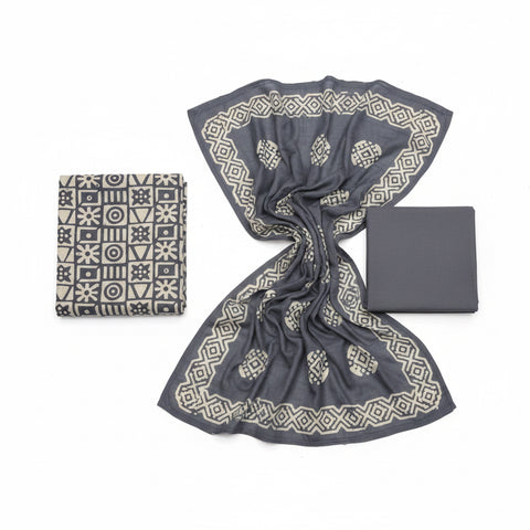 Indigo Blue & White Handblock Printed Cotton Dress Material | Mirror Floral Geometric | 3-Piece Unstitched Suit