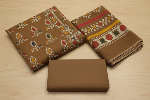 Handcrafted Brown Bandhani Print Cotton Dress Material | Mirror Geometric Floral | Lace Dupatta | 3-Piece Unstitched