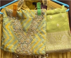 Lime Yellow & Aqua Chevron Embroidered Silk Dress Material | Zari Pearl Resham | Woven Zari Dupatta | Festive