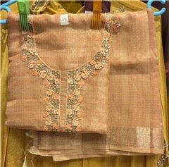 Peach Golden Zari Check Dress Material | Floral Mirror Neck Embroidery Silk Blend | Semi-Formal Festive