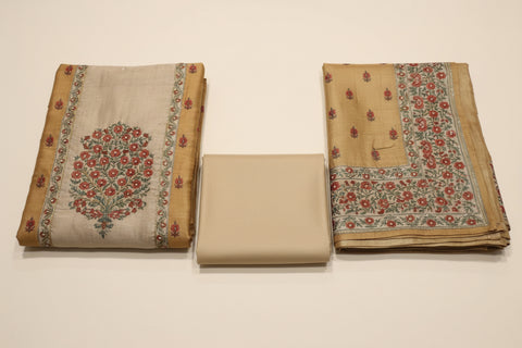 Golden Beige Silk Blend Dress Material | Floral Print Pearl Handwork | Woven Floral Dupatta | Festive Ethnic
