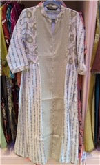 Olive Green & Cream Printed Long Kurti with Front Panel Design