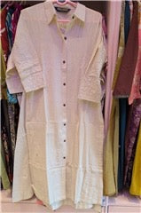 Off-White Cotton Linen Shirt-Style Kurti with Embroidered Sleeves