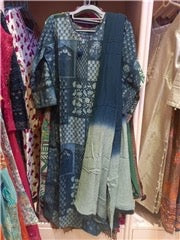 Blue Indigo Patch Printed Suit Set with Mirror Neckline, Pant & Ombre Dupatta | Festive Ethnic Wear