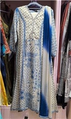 Blue & Ivory Printed Full Suit with Embroidered Neckline & Ombre Dupatta | Festive Ethnic Wear