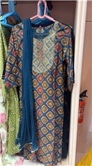 Indigo Rust Mosaic Print Kurta with Contrast Yoke & Teal Dupatta | Festive Ethnic Wear for Women