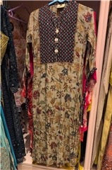 Floral Printed Cotton Coord Set | Beige & Navy Contrast Yoke Shell Buttons Thread Detail | Office Travel Ethnic
