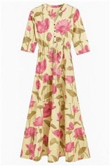 Aesha Floral Printed Maxi Dress โ Pure Cotton Tiered Kurti in Pink & Yellow