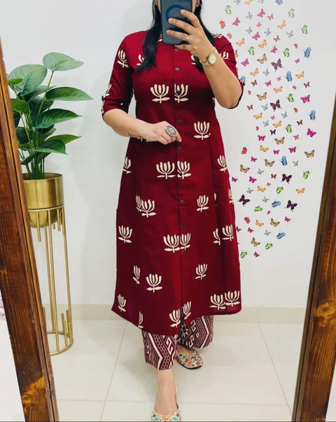 Block Printed Coord Set | Shirt Style Kurta with Matching Pants | Lotus Ethnic Print Cotton |
