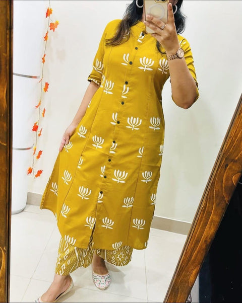Block Printed Coord Set | Shirt Style Kurta with Matching Pants | Lotus Ethnic Print Cotton |