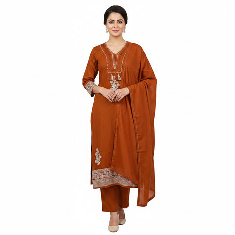 Rust Orange Cream Thread Embroidered Salwar Suit with Tassel & Dupatta | Festive Ethnic Wear