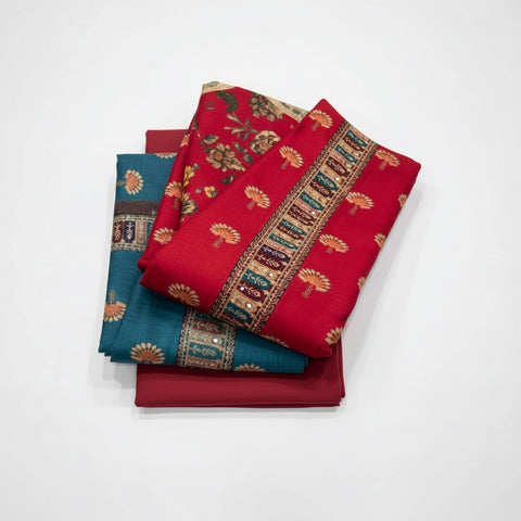 Premium Handcrafted Chanderi Tussar Silk Dress Material Set | Floral Print Mirror Yoke | Printed Dupatta | Unstitched