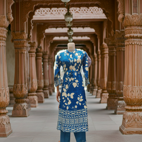 Blue Floral & Geometric Printed Kurti with Solid Pants | Indigo Cotton Blend Coord Set