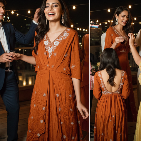 Amber Glow Embroidered Ethnic Gown | Silver Floral V-Neck | Festive Ethnic Wear