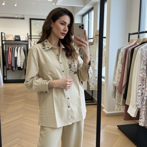 Aesha Beige Embroidered Shirt Kurti with Matching Pants | Thread Work Collar Cuff Cotton Blend | Office Casual Indo-Western