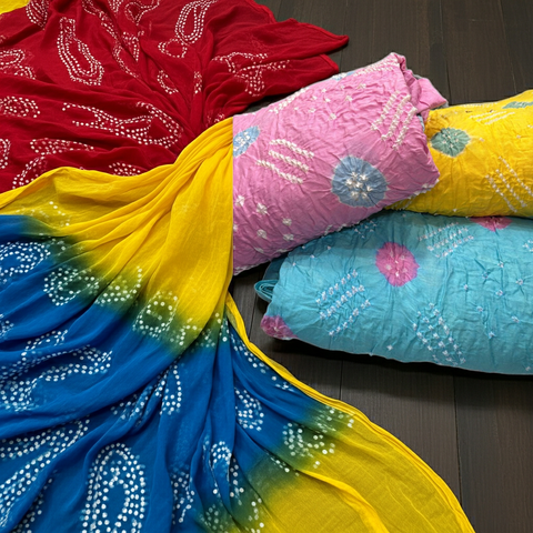Bandhani Tie-Dye Printed Dress Material Set | Traditional Dot Motif Soft Cotton | Crinkle Finish Unstitched Ethnic
