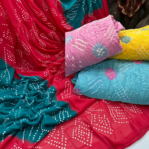 Bandhani Tie-Dye Printed Dress Material Set | Traditional Dot Motif Soft Cotton | Crinkle Finish Unstitched Ethnic