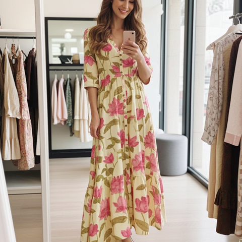 Aesha Floral Printed Maxi Dress โ Pure Cotton Tiered Kurti in Pink & Yellow