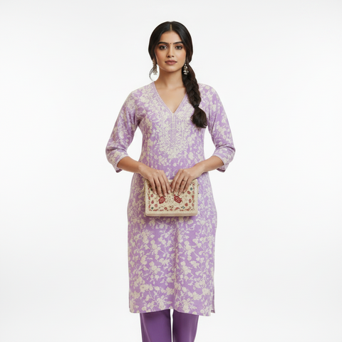 Aesha Lavender Floral Cotton Kurta Set with Embroidery & Pant | Casual Ethnic Wear