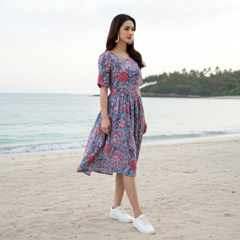 Jenesiya Blue Floral Fit & Flare Midi Dress โ Pure Cotton with Gathered Waist