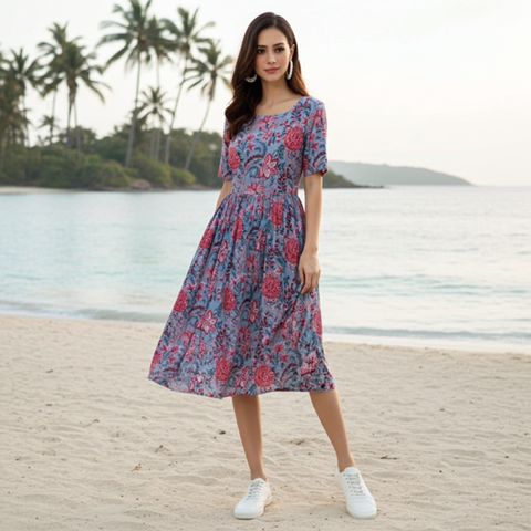 Jenesiya Blue Floral Fit & Flare Midi Dress โ Pure Cotton with Gathered Waist