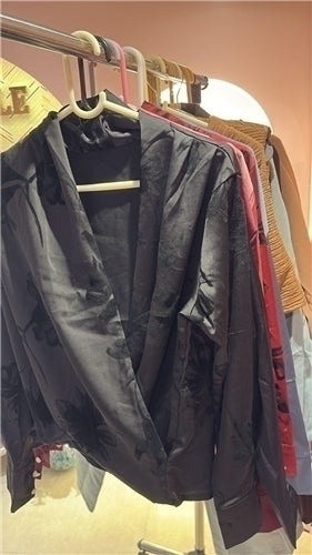 Satin Drape Top โ Deep V-Neck Luxe Blouse with Pearl Button Cuffs